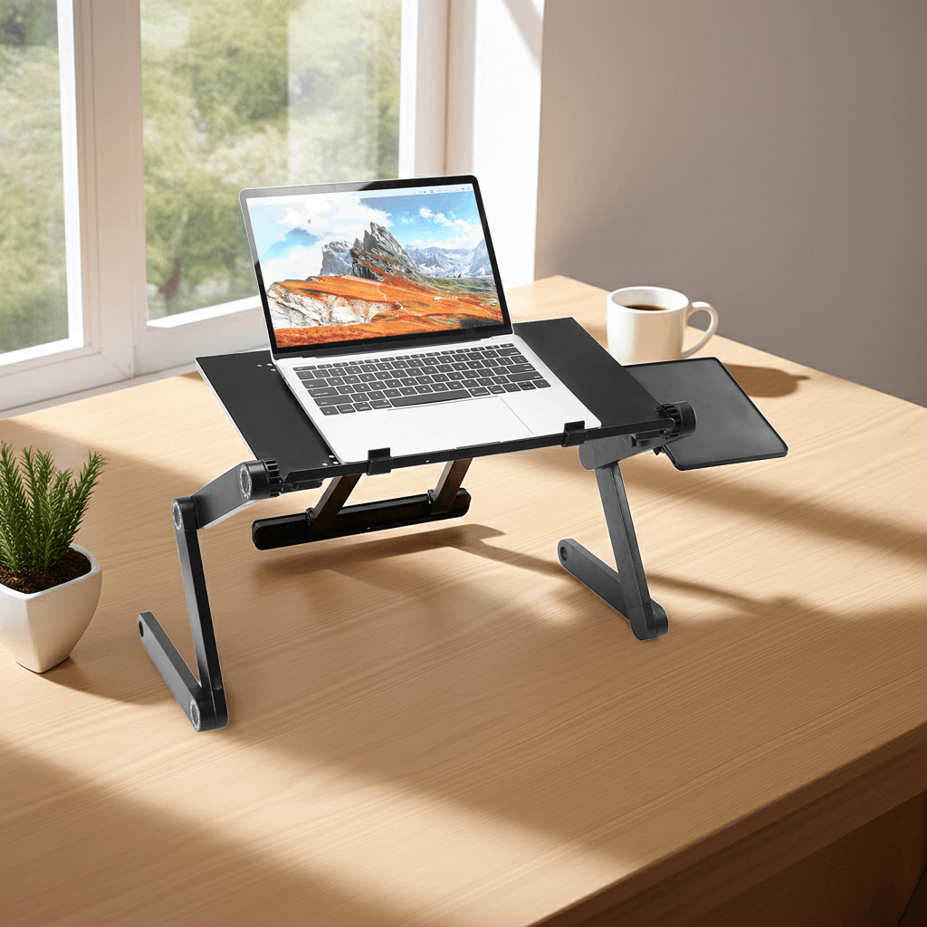 Foldable black aluminum laptop table with mouse board on light wood desk by window, with coffee cup and small plant