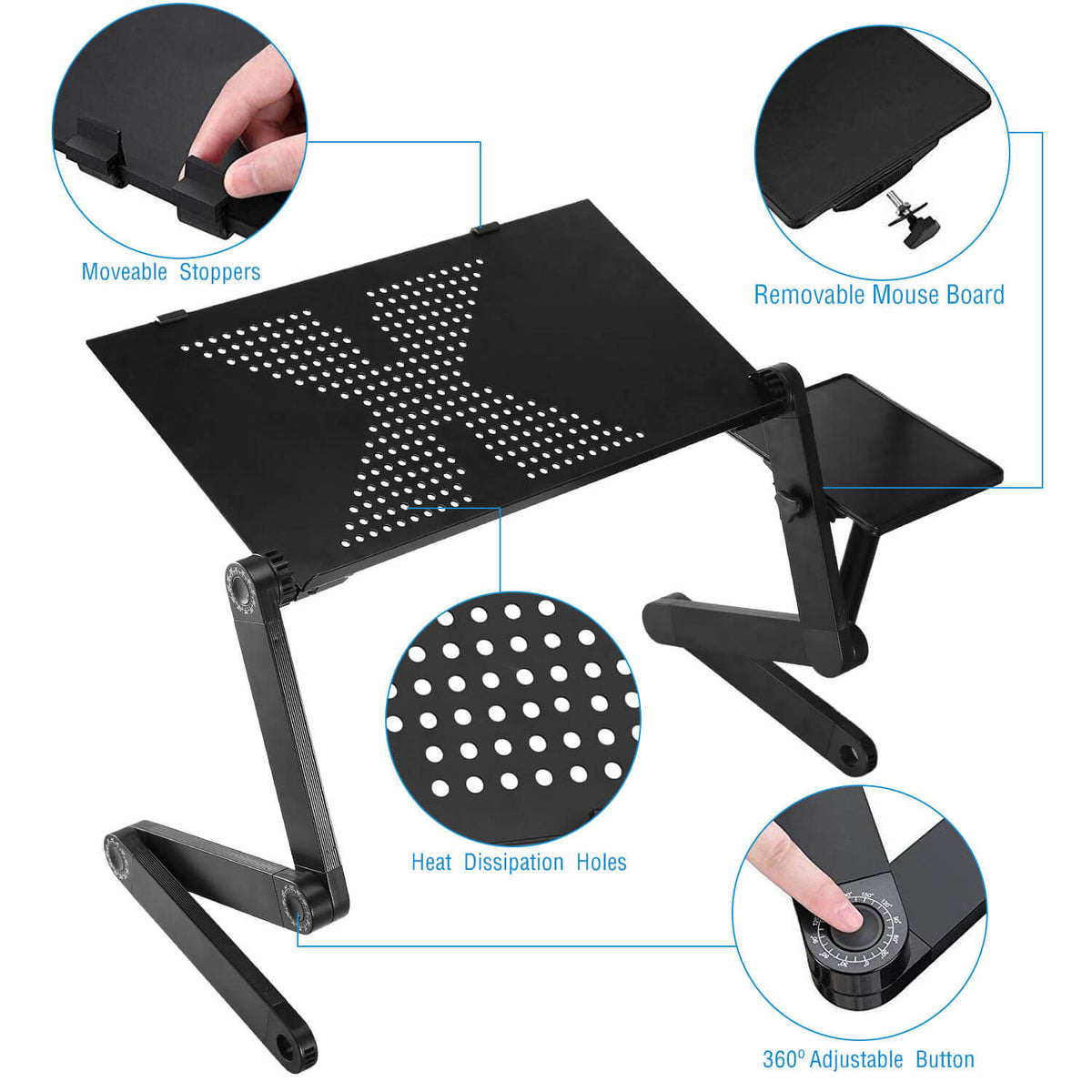 Movable stoppers, removable mouse board, heat dissipation holes and 360 degree adjustment button detail