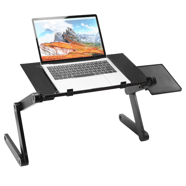Foldable aluminum laptop table with removable mouse board on white background