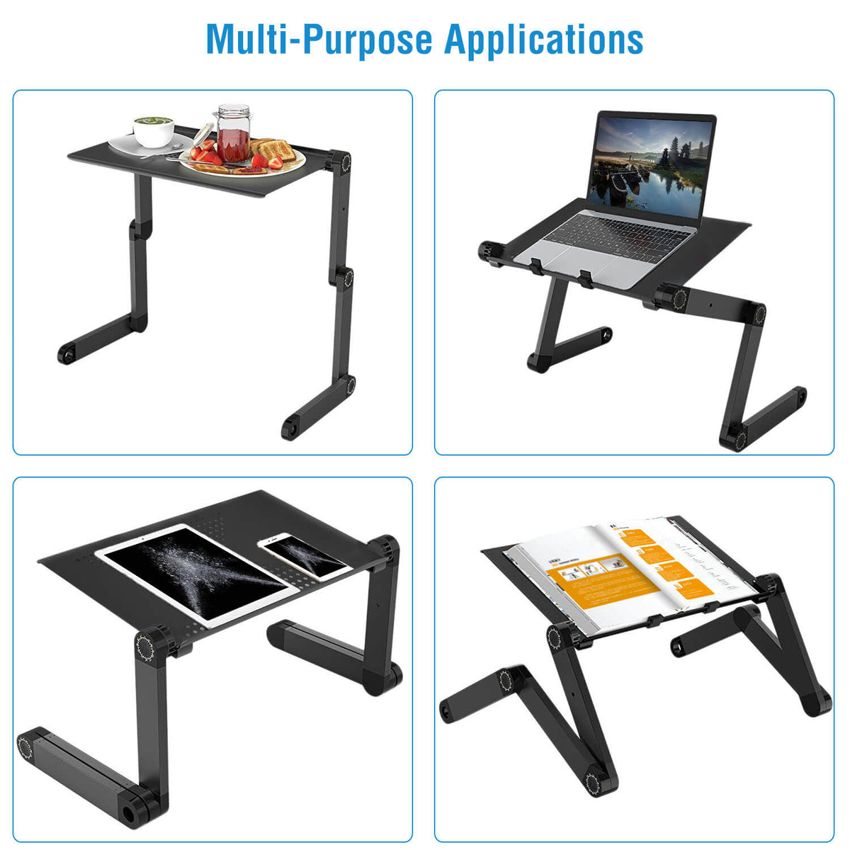 Foldable laptop table used as breakfast tray, laptop stand, tablet holder, and book stand