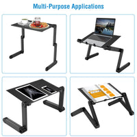 Foldable laptop table used as breakfast tray, laptop stand, tablet holder, and book stand