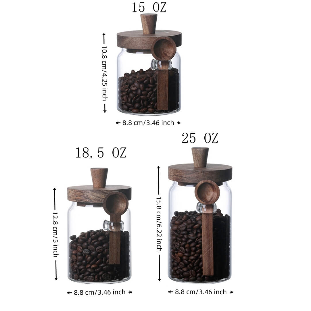 Glass coffee jar dimensions 15oz 18.5oz 25oz with height and width measurements