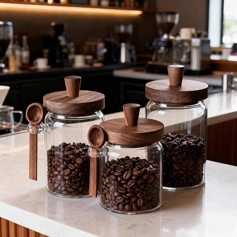 Glass storage jars with wooden lids displayed on kitchen counter in warm restaurant setting