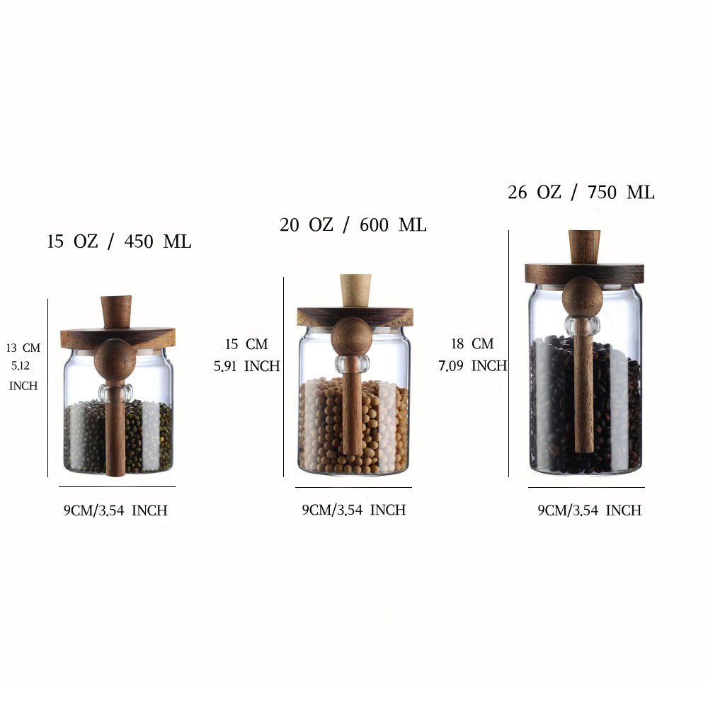 Glass storage jar set dimensions — Small 450ml (5.12in), Medium 600ml (5.91in), Large 750ml (7.09in), all 3.54in wide