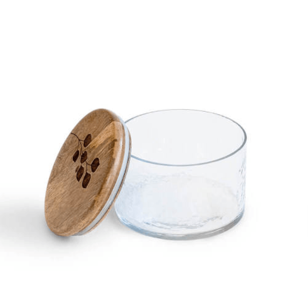 Leafy twig glass jar open showing wood lid engraving and clear glass body