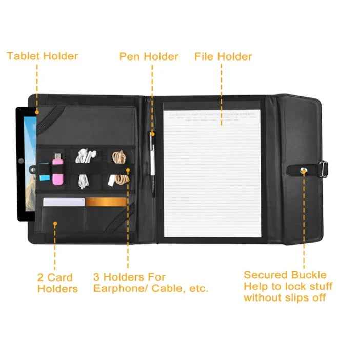 Black leather professional file sorter with labeled compartments including tablet holder, pen holder, file holder, card holders and secured buckle