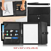 Black leather business portfolio folder open view showing tablet holder, document compartments and secured buckle closure, size 12.6 x 10.2 x 1.2 inches