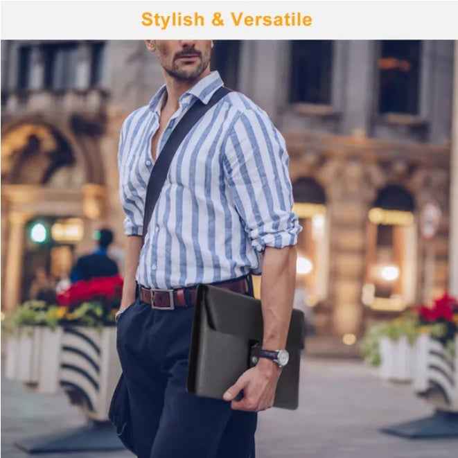 Professional man carrying black leather document organizer portfolio folder, stylish and versatile for business use