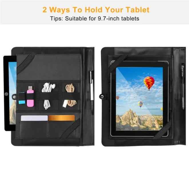 Business leather document organizer demonstrating two ways to hold 9.7 inch tablet with multiple cable and accessory compartments
