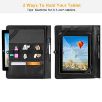 Business leather document organizer demonstrating two ways to hold 9.7 inch tablet with multiple cable and accessory compartments