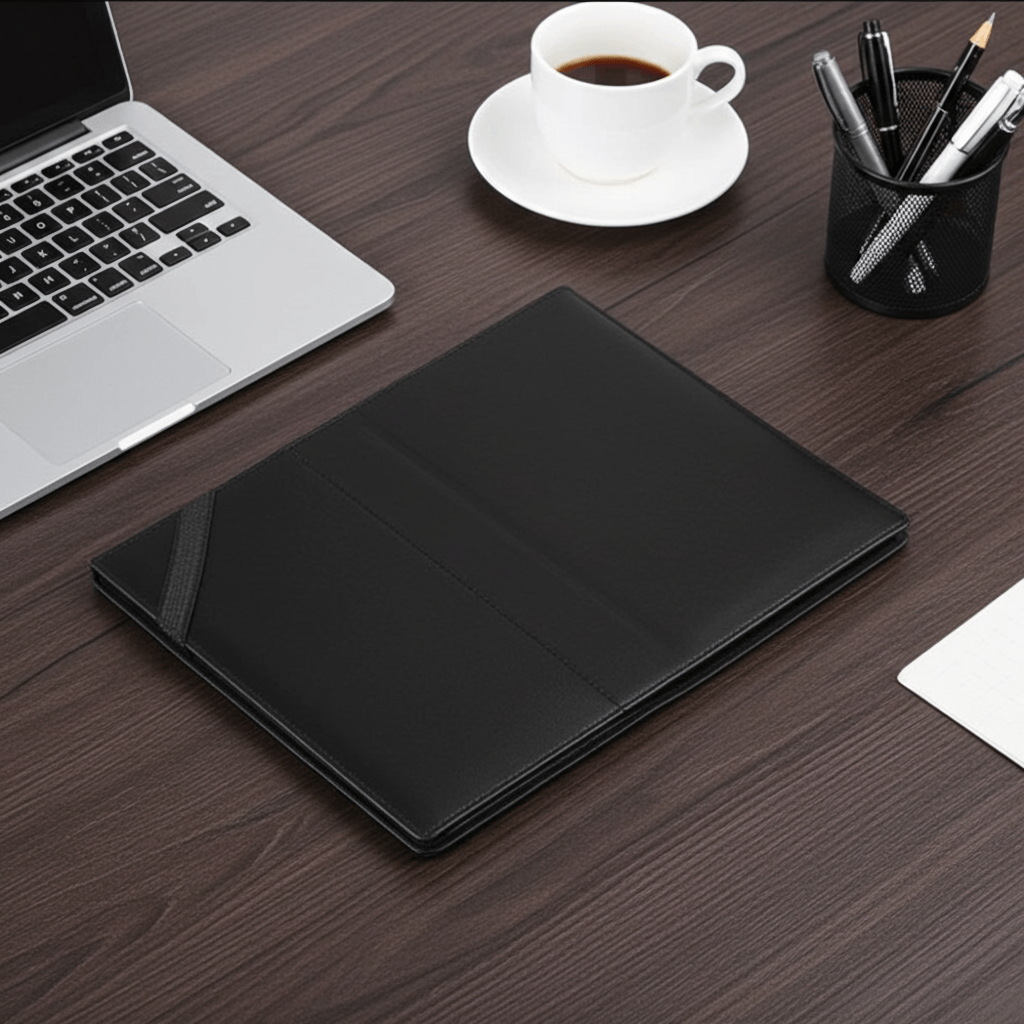 Black leather portfolio folder closed on dark wood office desk with laptop and coffee cup