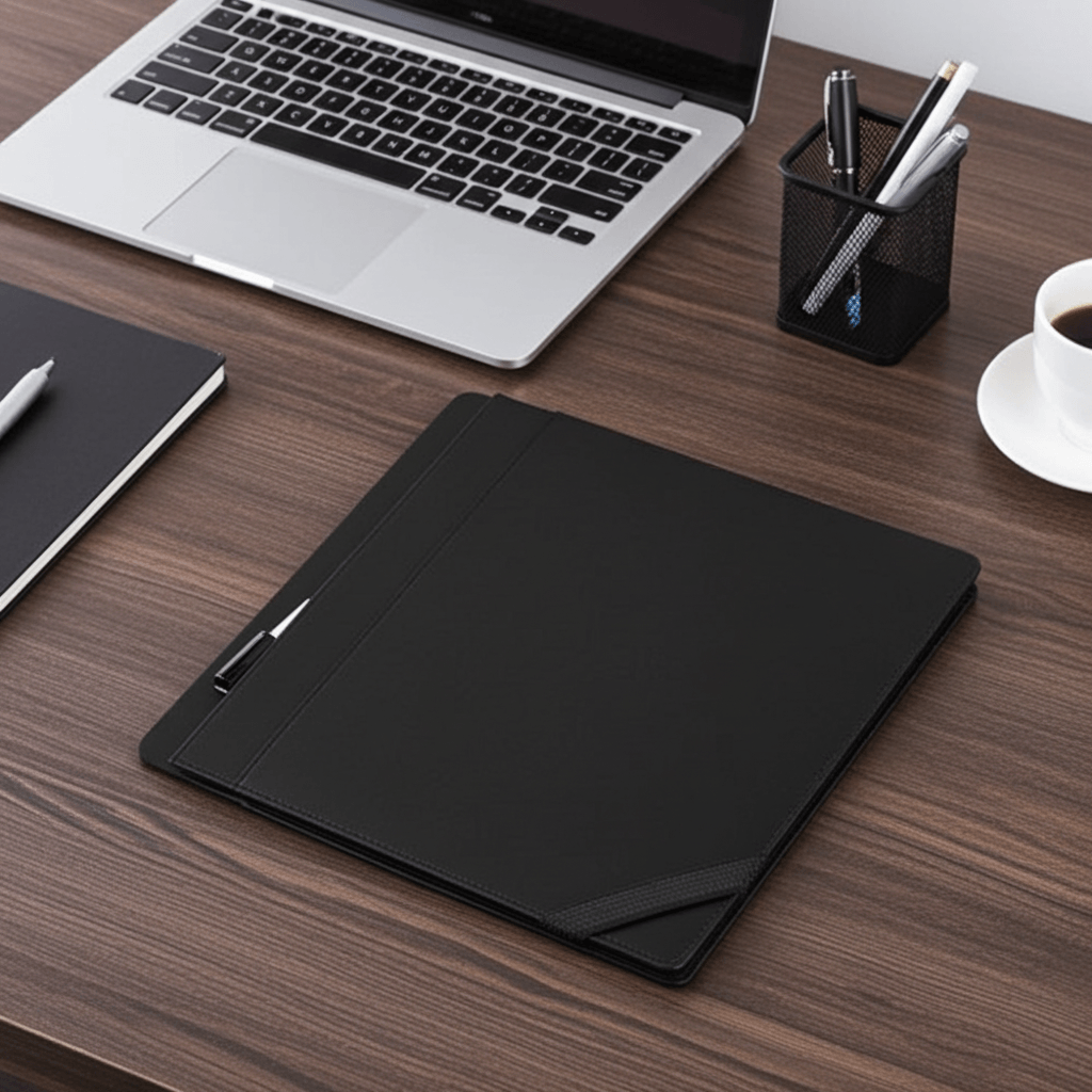 Black leather portfolio folder with pen detail on wooden desk beside laptop and pen holder