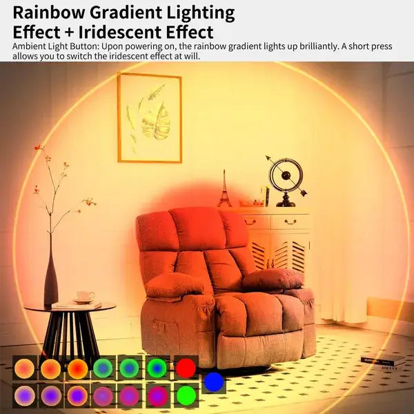 Rechargeable LED wall light casting rainbow gradient glow across living room wall