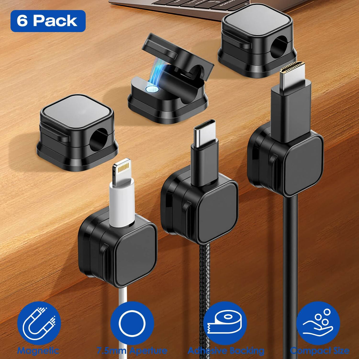 6-pack magnetic cable clips on wooden desk holding USB-C and Lightning cables