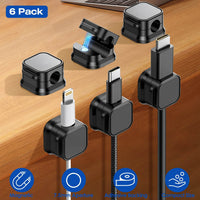 6-pack magnetic cable clips on wooden desk holding USB-C and Lightning cables