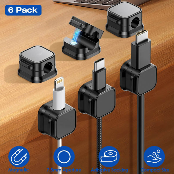 6-pack magnetic cable clips on wooden desk holding USB-C and Lightning cables