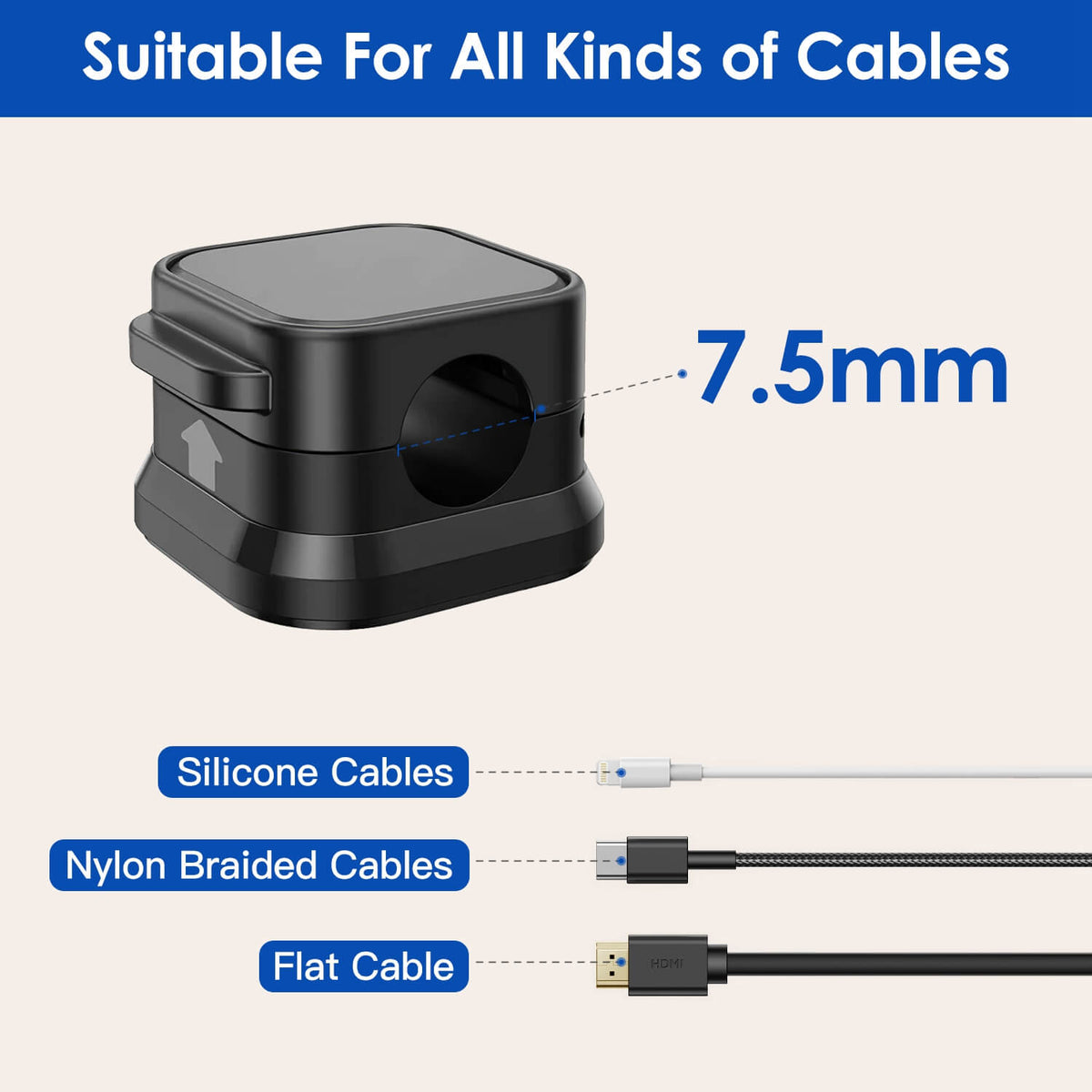 Magnetic cord holder fits silicone, nylon braided, and flat cables up to 7.5mm diameter