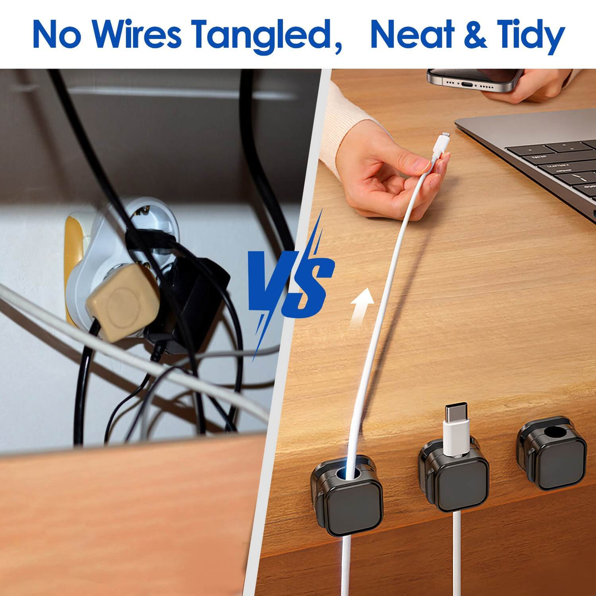 Before and after comparison of tangled cables vs organized desk using magnetic cable clips