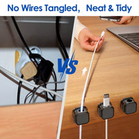 Before and after comparison of tangled cables vs organized desk using magnetic cable clips