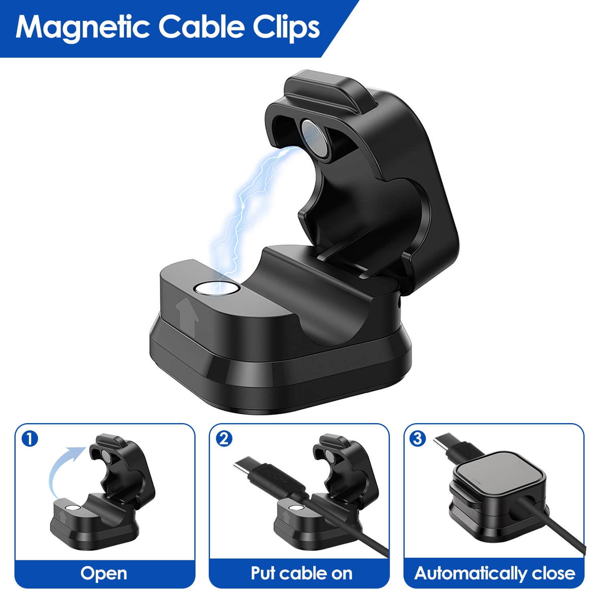 Magnetic cable clip open, insert cable, automatically close in three steps