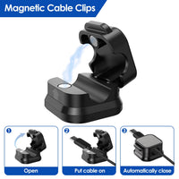 Magnetic cable clip open, insert cable, automatically close in three steps