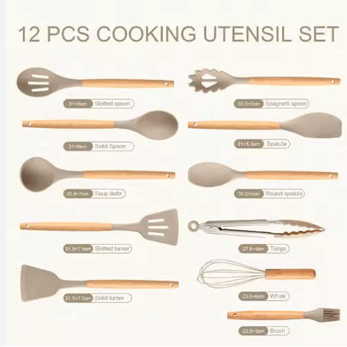 12 piece silicone cooking utensil set with individual piece names and dimensions