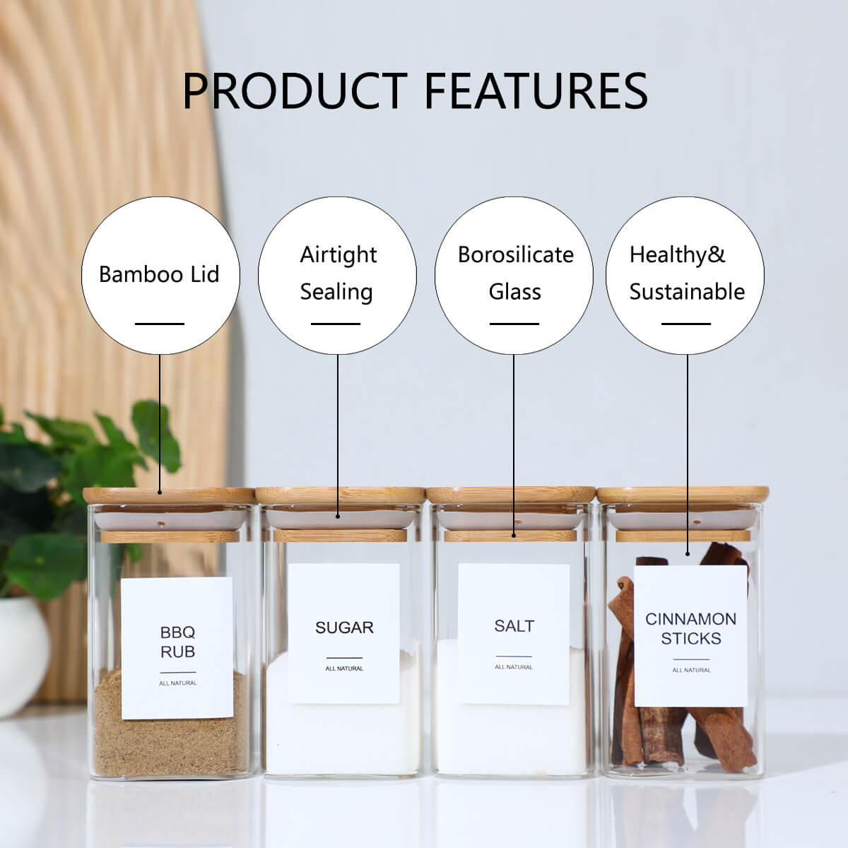 Spice jar features bamboo lid airtight seal borosilicate glass construction