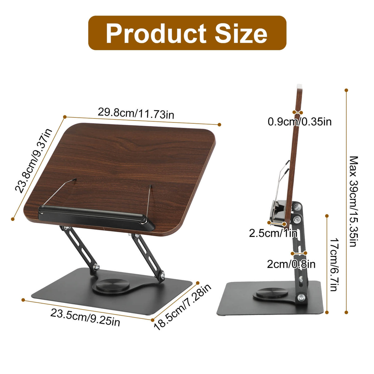 Product size diagram showing wood book stand dimensions in cm and inches