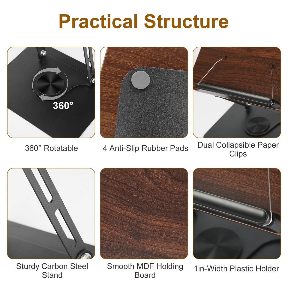 Feature diagram showing rotatable base, rubber pads, paper clips, and steel stand structure