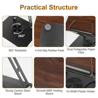 Feature diagram showing rotatable base, rubber pads, paper clips, and steel stand structure