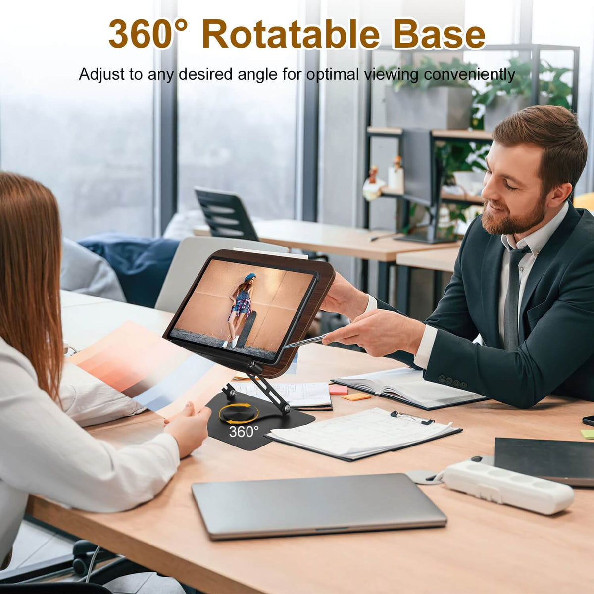 Two people using wood book stand with tablet in modern office setting