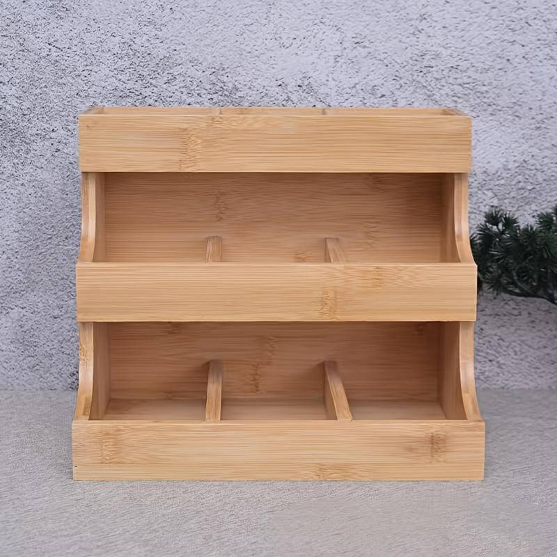 Wooden tea bag organizer three tier compartments front view empty