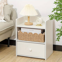 White paper rope woven basket with wood handles on nightstand holding books