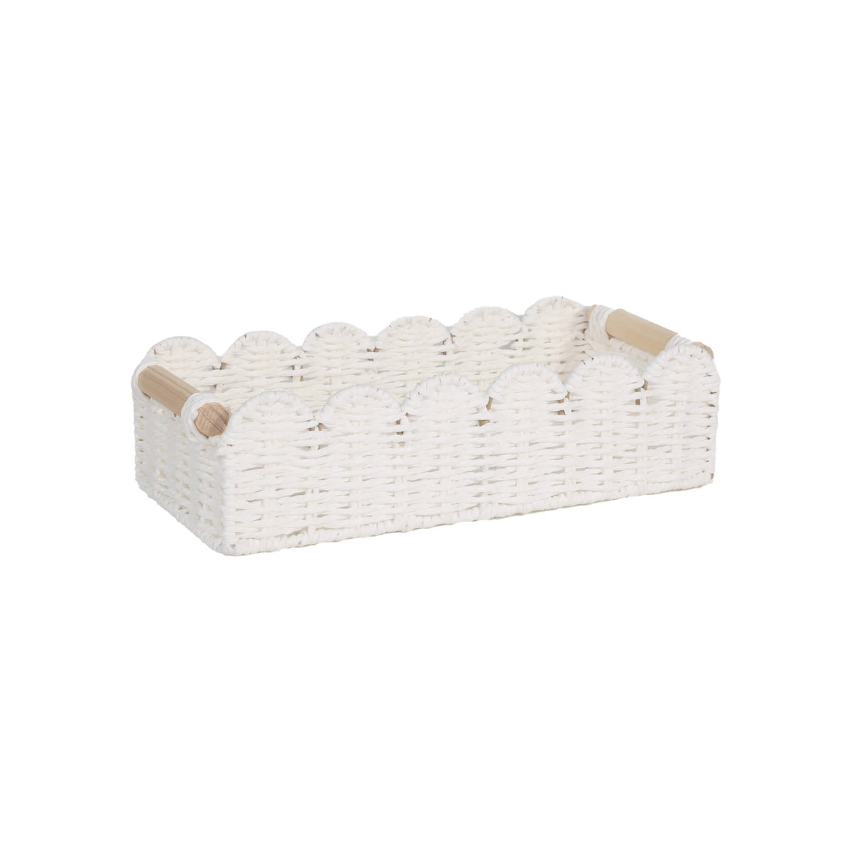 White paper rope woven storage basket with wood handles on white background