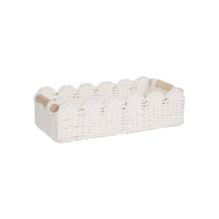 White paper rope woven storage basket with wood handles on white background