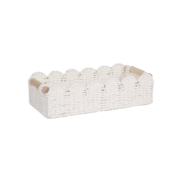 White paper rope woven storage basket with wood handles on white background